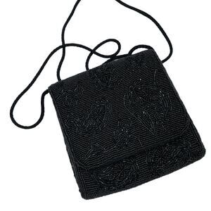 Carolyn Barton Black Beaded Fold Over Crossbody Evening Handbag Vintage Purse
